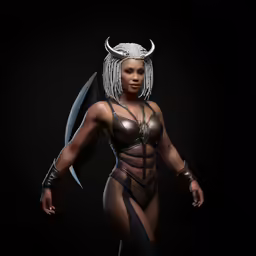 the model is wearing sexy clothing, with horns on her head