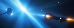 two lights shining on one another, in a dark area