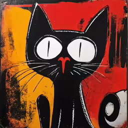 black cat with white eyes on red yellow background