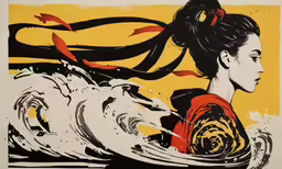 an art print of a girl with fish in her hair