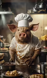 a pig in a chef outfit prepares food