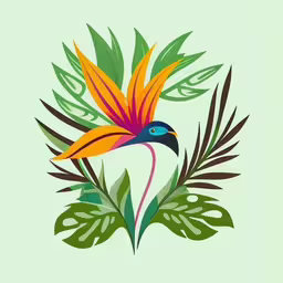 a bird with brightly colored feathers and green leaves,the colorful bird of paradise is standing on two large green leaves