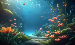 a painting of an underwater forest with fish