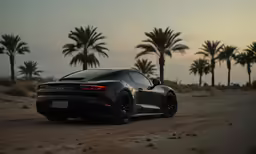 a sports car driving in the desert with palm trees