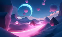 a blue - lit landscape with several shapes and balls in the sky