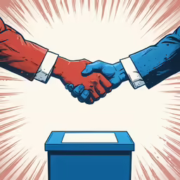 two people shaking hands over a blue box