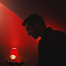 the man sits down in front of the red lamp