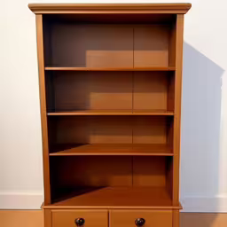 a small wooden book shelf is shown against a wall,a bookcase is in the corner against a wall,a brown bookshelf with two drawers and one shelf,an empty open bookcase in the corner of a room,there is a wooden book shelf on the floor