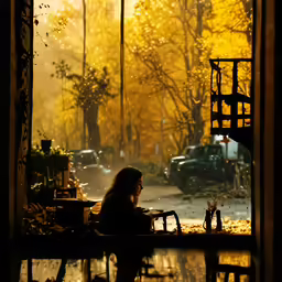 a woman sitting at a table next to a cat on the floor