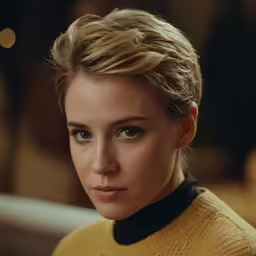a close - up of a woman in a yellow sweater
