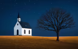 a lone church in the distance on top of a hill under a star filled sky