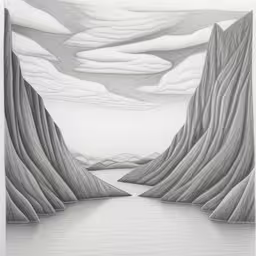 an artist painting in a white frame with a landscape of mountains and water,landscape drawing of the ocean and hills, painted in graphite,a drawing of two mountains and water,an image of an surreal landscape that looks like mountains,a large painting of a body of water surrounded by mountains