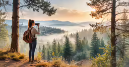 a woman is standing on top of a hill taking a photo
