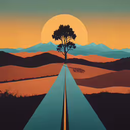 an empty road leads up to a lone tree,there is a painting that looks like a long road leading towards a lone tree