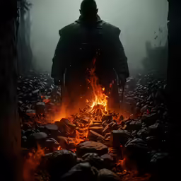 a man dressed in armor is standing on a trail of rocks