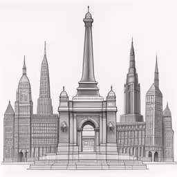 a drawing of a monument with buildings in the background