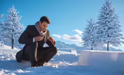 a man kneeling in the snow checking his cell phone