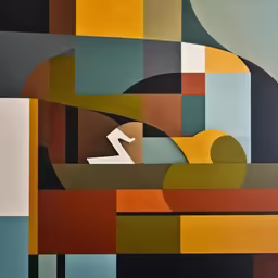 abstract painting in shades of multicolors, geometric shapes and number 2