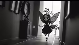a little fairy walking up a hall way
