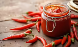 a jar of pickled up red peppers next to it