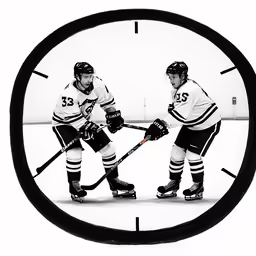 two hockey players standing close together, against a clock
