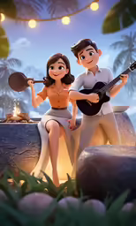 a man and woman sit on rocks while holding guitars