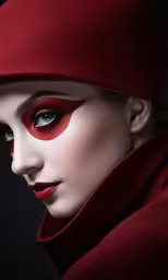 a woman in red with red and white face make - up