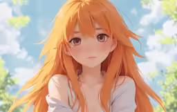 a cartoon girl with long red hair with trees in the background