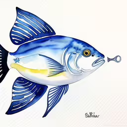 a blue fish with a pair of scissors in its mouth,a blue fish with yellow tail sitting on top of a table,a blue fish with an orange tail holding a fishing hook,a drawing of a large blue angelfish with a gold tipped tail,a painting of a blue fish with gold on its nose