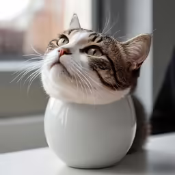 a cat is looking up into the air from inside a white cup