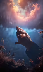 person reaching for the stars with their hand