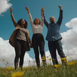 three people posing in front of a field with a sky background