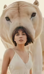 a woman standing next to a white bear on top of a field