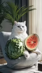 cat sitting in a chair, with fruits and vegetables on it