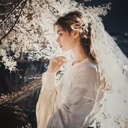 woman in white blouse smoking cigarette in front of tree