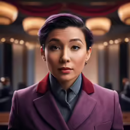 the woman in the red suit is looking at the camera