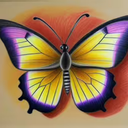 a butterfly with wings stretched out is colorfully colored,a colored butterfly drawn by a child