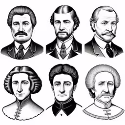 a set of six portraits of people,four people who are dressed in different suits,the presidents and their portraits in the past,a set of six historical portraits of famous men,four different views of the same man