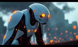 an artificial looking woman in armor looking into the distance
