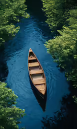 the canoe is floating on the lake and the water