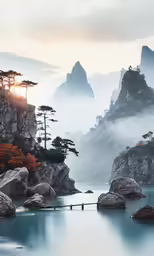a mountain landscape with a lake in the foreground