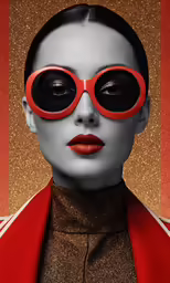 a woman with giant eyeliners and red glasses
