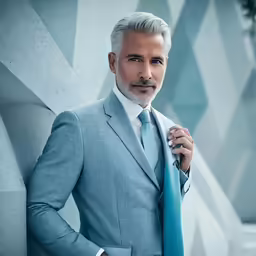man in light gray suit and grey hair wearing blue tie
