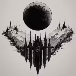 a black and white photo with a giant object and city buildings in the sky
