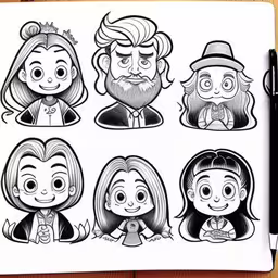 a book with some characters drawn on it,some drawings of people with different hair styles