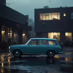 an old blue station wagon with a small passenger window in front