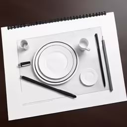 a drawing of a dinner table set up with cups, saucers, and a plate