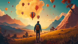a person walks on a path towards an orange sky with balloons flying above,a person with a back pack walking up a trail toward mountains