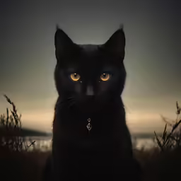 there is a black cat sitting in a grassy field