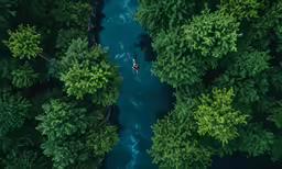 a boat travels through a river surrounded by trees
